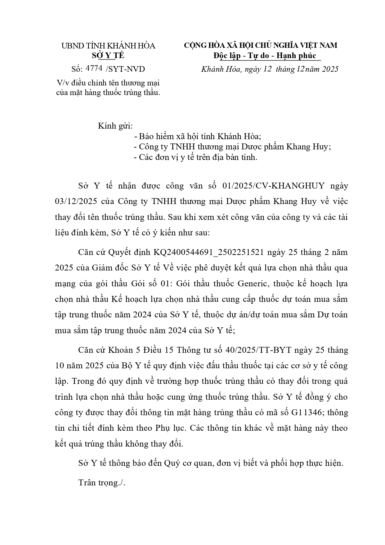 V/v điều chỉnh tên thương mại của mặt hàng thuốc trúng thầu